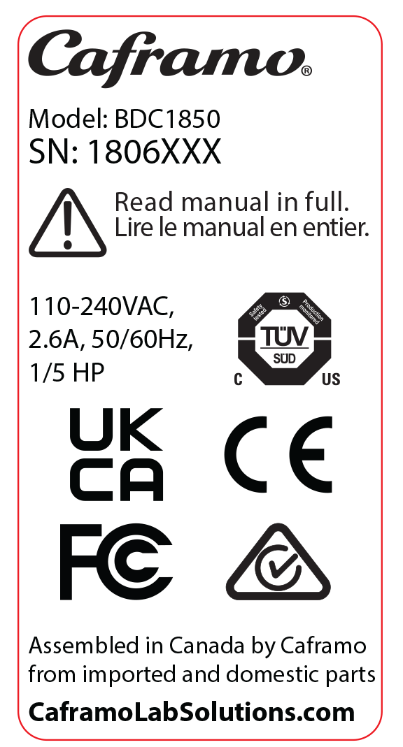 BDC1850 Serial Label Showing Certifications